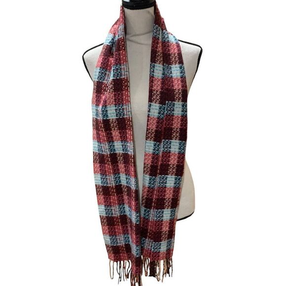 Italy Design Cashmere Scarf Red Pink Pastel Blue Checks  w/ Fringe 74”x 8” Women - Picture 1 of 4